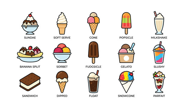 Illustrated ice cream selection featuring sundae, popsicle, gelato, and more