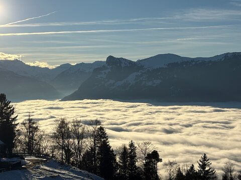 Foggy day over the rhine valley seen from Triesenberg in Liechtenstein 2.12.2025