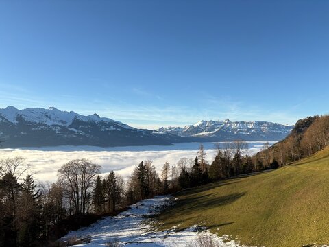 Foggy day over the rhine valley seen from Triesenberg in Liechtenstein 2.12.2025