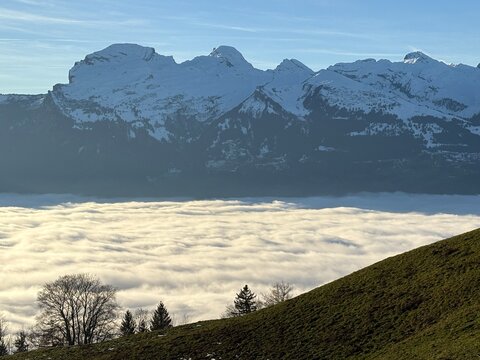 Foggy day over the rhine valley seen from Triesenberg in Liechtenstein 2.12.2025