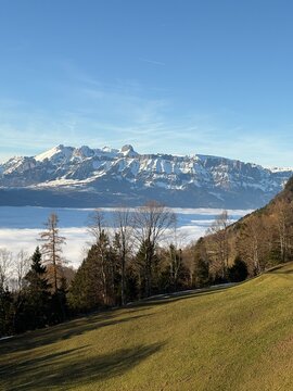 Foggy day over the rhine valley seen from Triesenberg in Liechtenstein 2.12.2025
