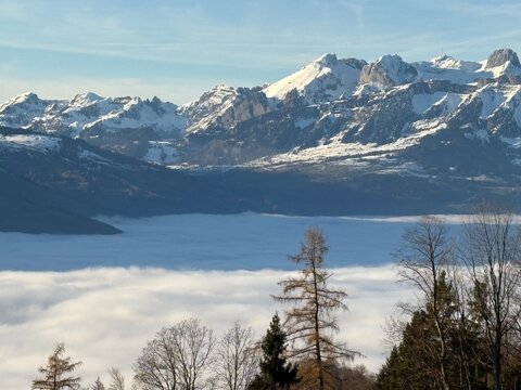Foggy day over the rhine valley seen from Triesenberg in Liechtenstein 2.12.2025
