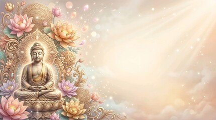 Obraz premium Vintage 3D Buddha Purnima Background with Ornate Gold Filigree