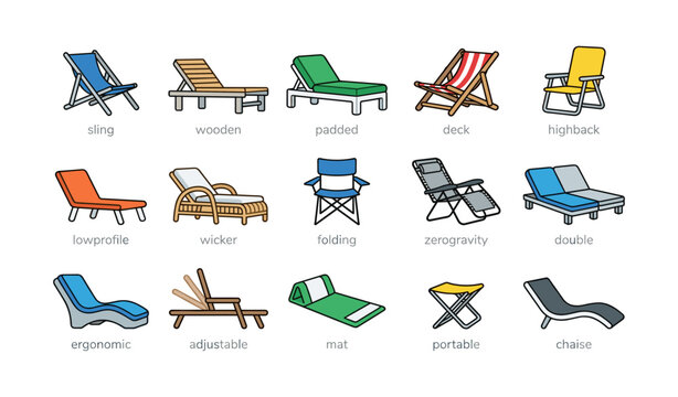 Collection of various outdoor chairs including folding, deck, and chaise designs