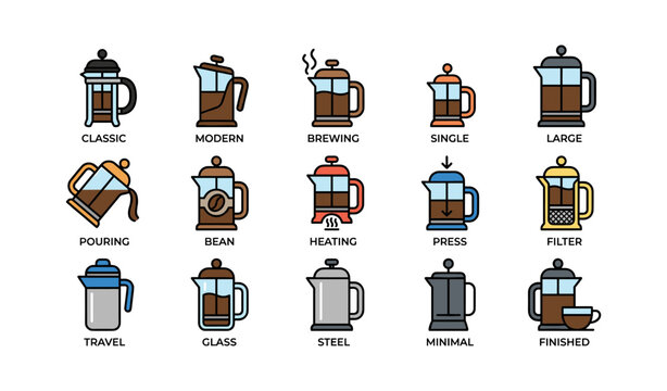 Diverse french press designs and brewing stages illustrated in icon set