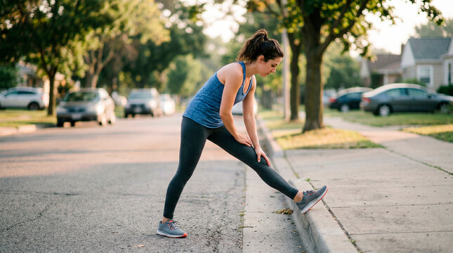 A woman stretching on a city street during the day