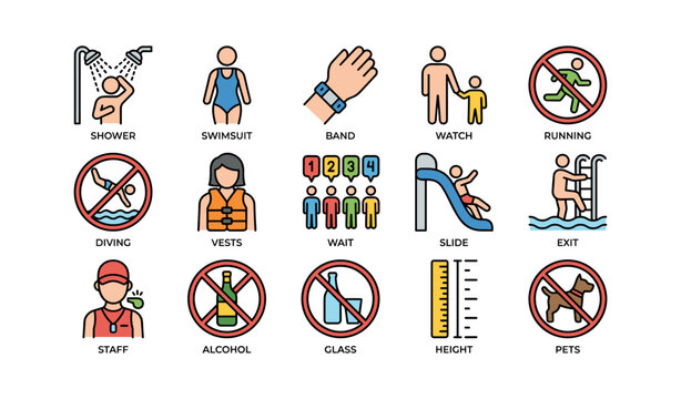 Swimming pool safety signs and symbols for guidelines awareness
