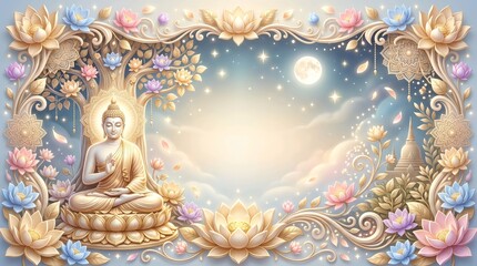 Fototapeta premium Buddha Purnima 3D Frame Background with Lotus and Copy Space