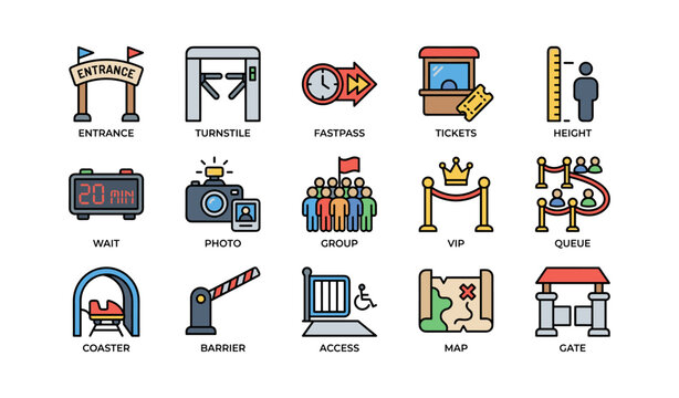 Amusement park icons set: entrance, fastpass, tickets, rides, vip access, security