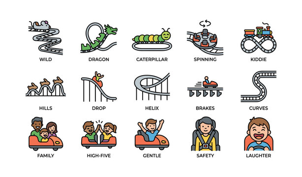 Amusement park ride icons featuring roller coasters and happy kids