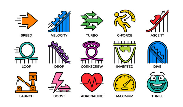 Colorful amusement park ride icons showing speed and thrill elements