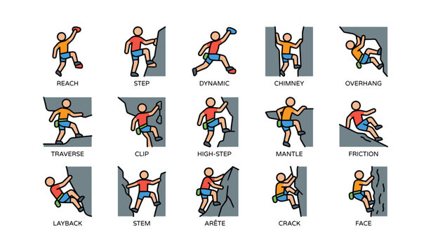 Stylized rock climbing techniques set with various poses and holds