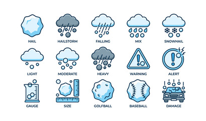Obraz premium Weather symbols with hail icons: forecast indicators, warning alerts, measurement tools