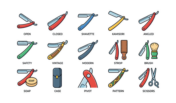 Variety of razors and grooming tools illustrated in colorful icons