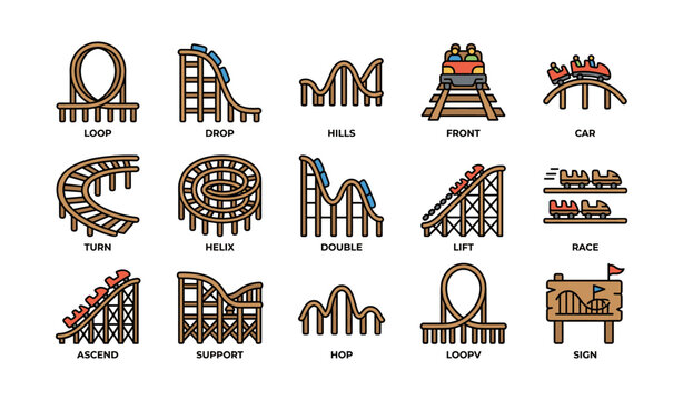 Colorful roller coaster icon set featuring various track designs