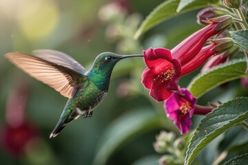 Obraz premium Hummingbird feeding from red trumpet flower in a verdant garden scene today