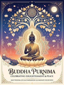 Buddha Purnima Vector Illustration with Golden Silhouette and Mandala