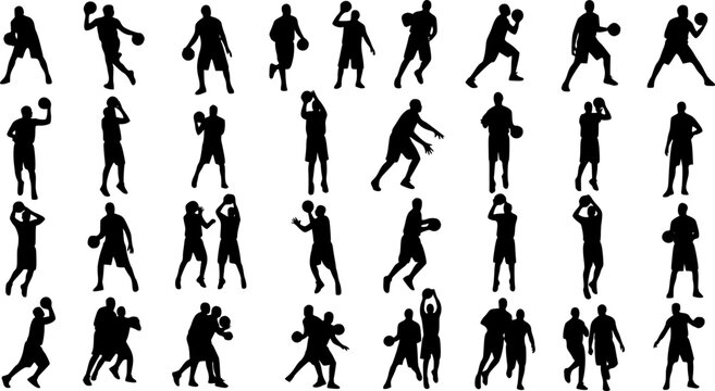 Vector set of Basketball players, Dynamic basketball poses including dunking, dribbling, and shooting silhouettes