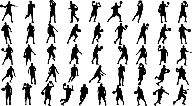 Vector set of Basketball players, Dynamic basketball poses including dunking, dribbling, and shooting silhouettes