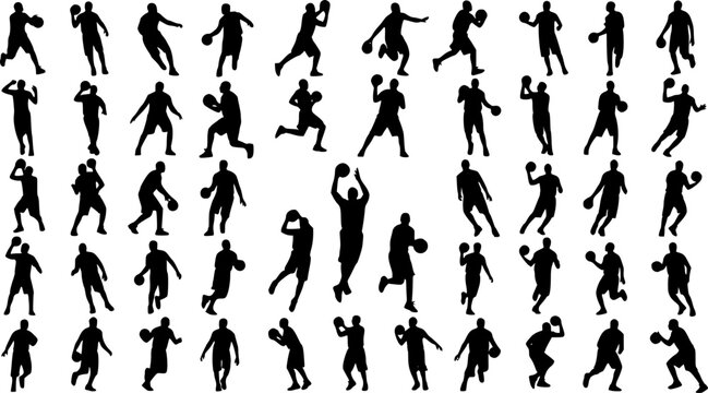 Vector set of Basketball players, Dynamic basketball poses including dunking, dribbling, and shooting silhouettes