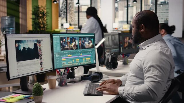 Editing video clips, film footage on software, cutting montage and adding visual effects, cinematic motion graphics project. Videographer using toolbar and sliders to edit recorded content.