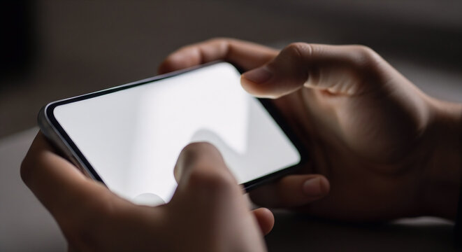 Close up shot of hands holding and using a smartphone in horizontal landscape mode with a glowing blank screen.
