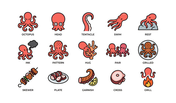 Cartoon octopus icons showing tentacle patterns and grilled seafood with garnish