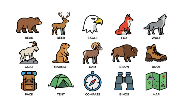 Colorful animal and outdoor gear icons for adventure enthusiasts