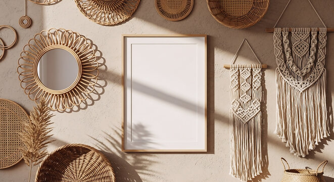 A vertical wooden frame mockup on a beige wall surrounded by bohemian style decorations like macrame, mirrors, and wicker baskets.