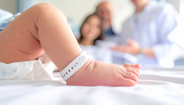 Detailed shot of neonatal bracelets in a medical setting with baby foot and family members present