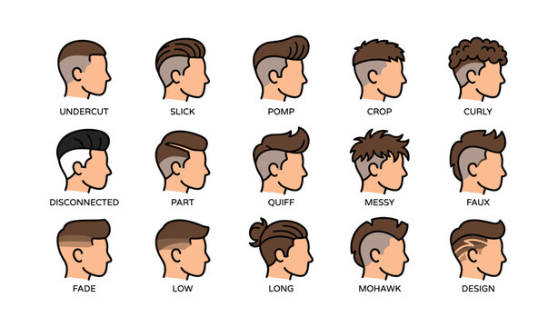 Various men's haircuts illustrated: styles and designs for modern looks