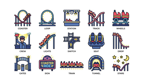 Amusement park roller coaster icons with tracks and sign graphics