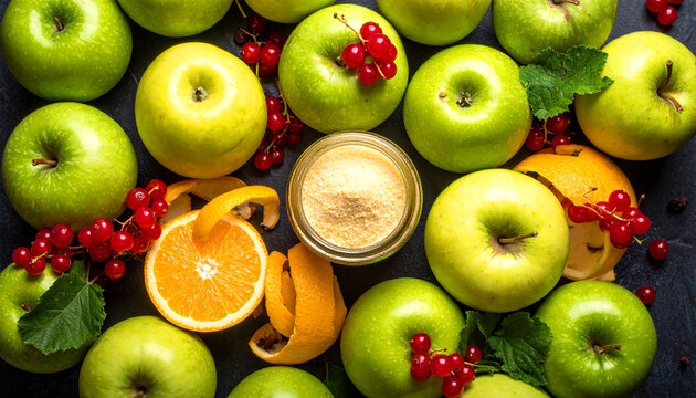 Fruit pectin jar placed in center surrounded by green apples and citrus peels with red berries on a black surface