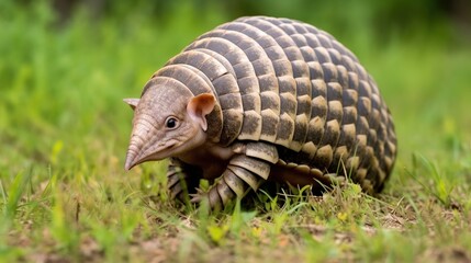 Obraz premium Close-up view of a small armored armadillo wandering through a sunlit grassy meadow