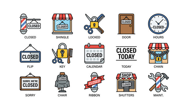 Store closure icons set: closed signs, locks, chains, and clocks