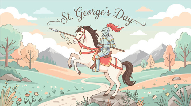 Illustration of a knight on horseback celebrating St. George's Day in a scenic landscape with mountains and trees in the background.