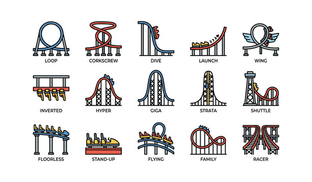 Collection of various roller coaster designs with loops and twists