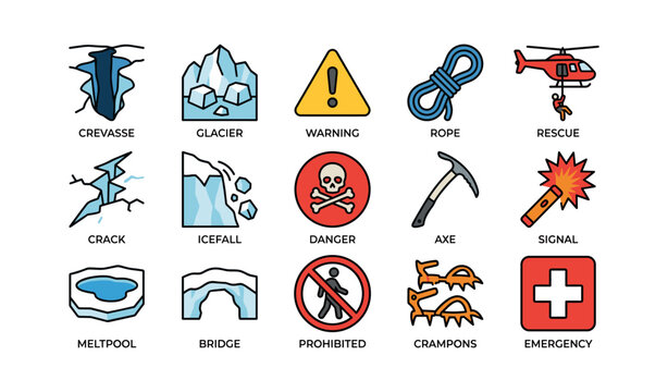 Mountaineering icons: glacier, crevasse, icefall, axe, emergency, rescue