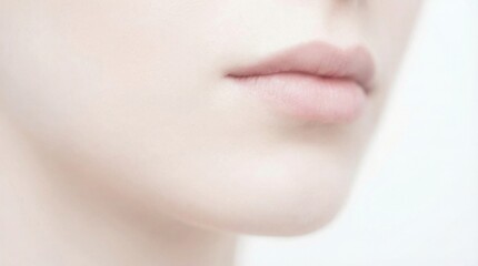 Fototapeta premium Close-up of a womans mouth with light pink lips against a pale background, promoting beauty, naturalness, and color trend Cloud Dancer for 2026.