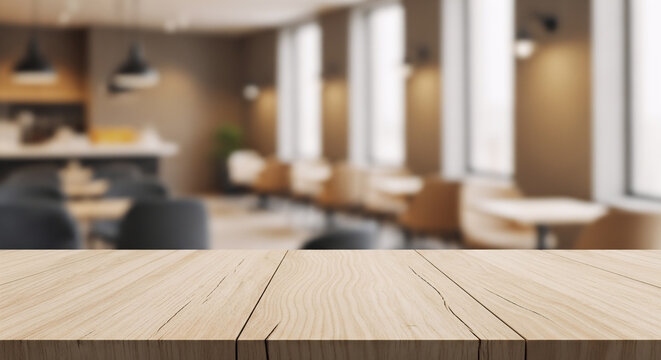 A wide light oak wooden surface with visible grain, showing a blurred background of a contemporary cafeteria, office breakroom, or modern dining area.