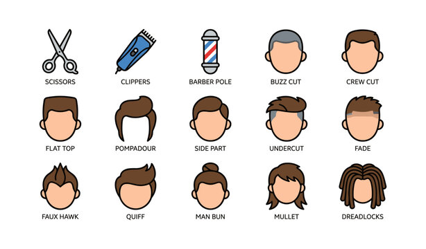 Illustrated guide to men's hairstyles and haircuts: buzz cut, undercut, fade, pompadour, and more