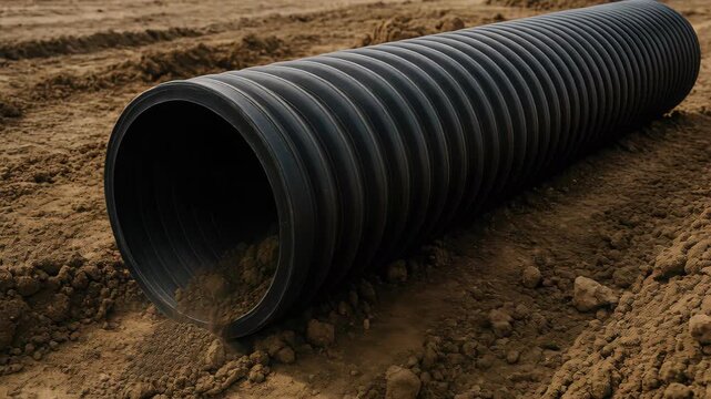 Corrugated Pipe on Earth: A close-up view of a sturdy corrugated pipe resting on freshly tilled earth, a testament to modern engineering and infrastructure.