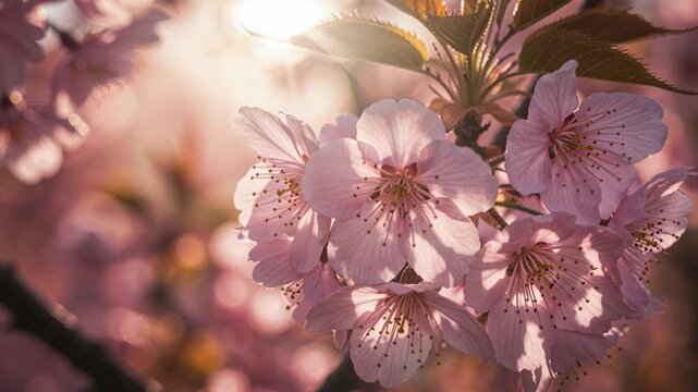 Cherry Blossom Bloom: A close-up view of delicate cherry blossom flowers, softly illuminated by the sun's gentle rays, evokes a sense of renewal and ephemeral beauty.