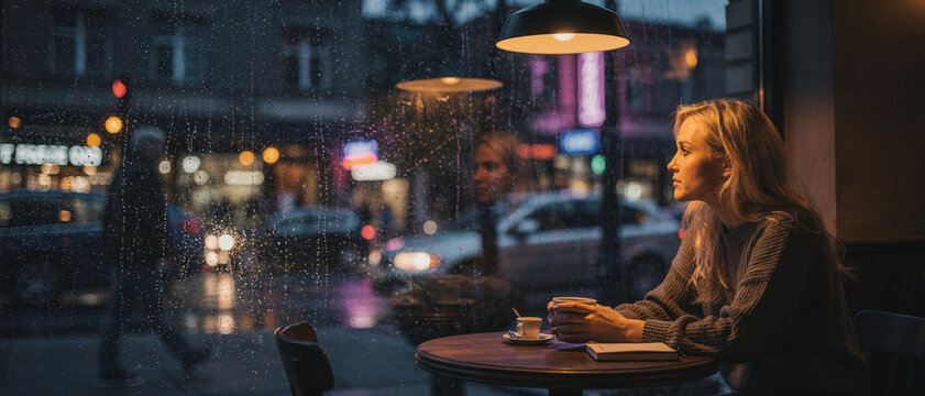 A woman enjoys a coffee and the view from her seat by the window of a bustling street cafe at night. She is engrossed in watching the city life outside.