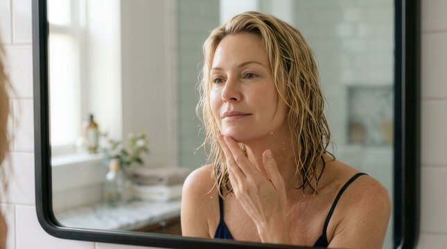 Beautiful mature woman looking in mirror for skin care routine, healthy senior face beauty concept