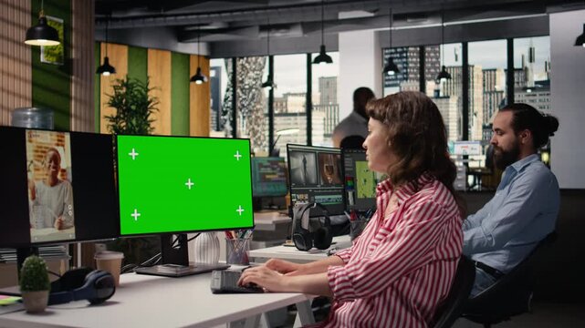 Chroma key next to reels video content on social media platforms, production specialist boosting marketing and branding. Current media trends and monetization insights, advertising.