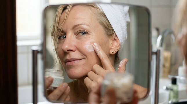 Beautiful mature woman applying anti-aging face cream in mirror, senior skincare beauty routine