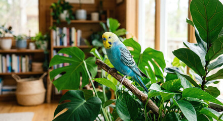 Obraz premium A blue parakeet perched on a branch, surrounded by indoor plants with large green leaves and wooden bookshelves in the background.