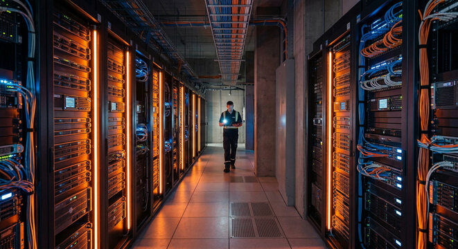 An indoor server room illuminated by orange lights, featuring rows of servers and a person wearing a yellow safety vest standing in the aisle.