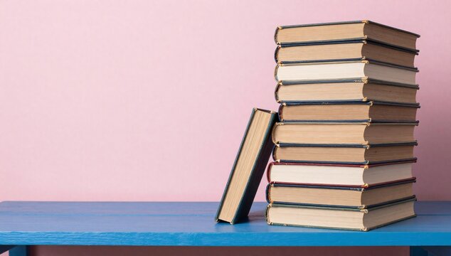 Stack of old books in vertical position on blue wooden desk in front of pink background